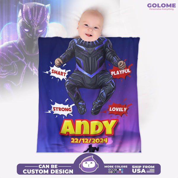 Personalized Baby Blanket – Black Panther Superhero Style | Custom Name & Date | Gift for Baby Boy